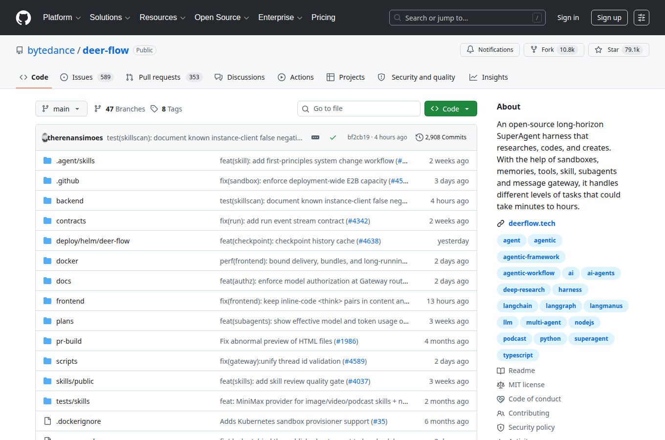 bytedance/deer-flow 在 GitHub 的專案首頁。對照正文「DeerFlow 開源 Agent 研究框架」相關說明，可查看 README、目錄結構與倉庫入口。