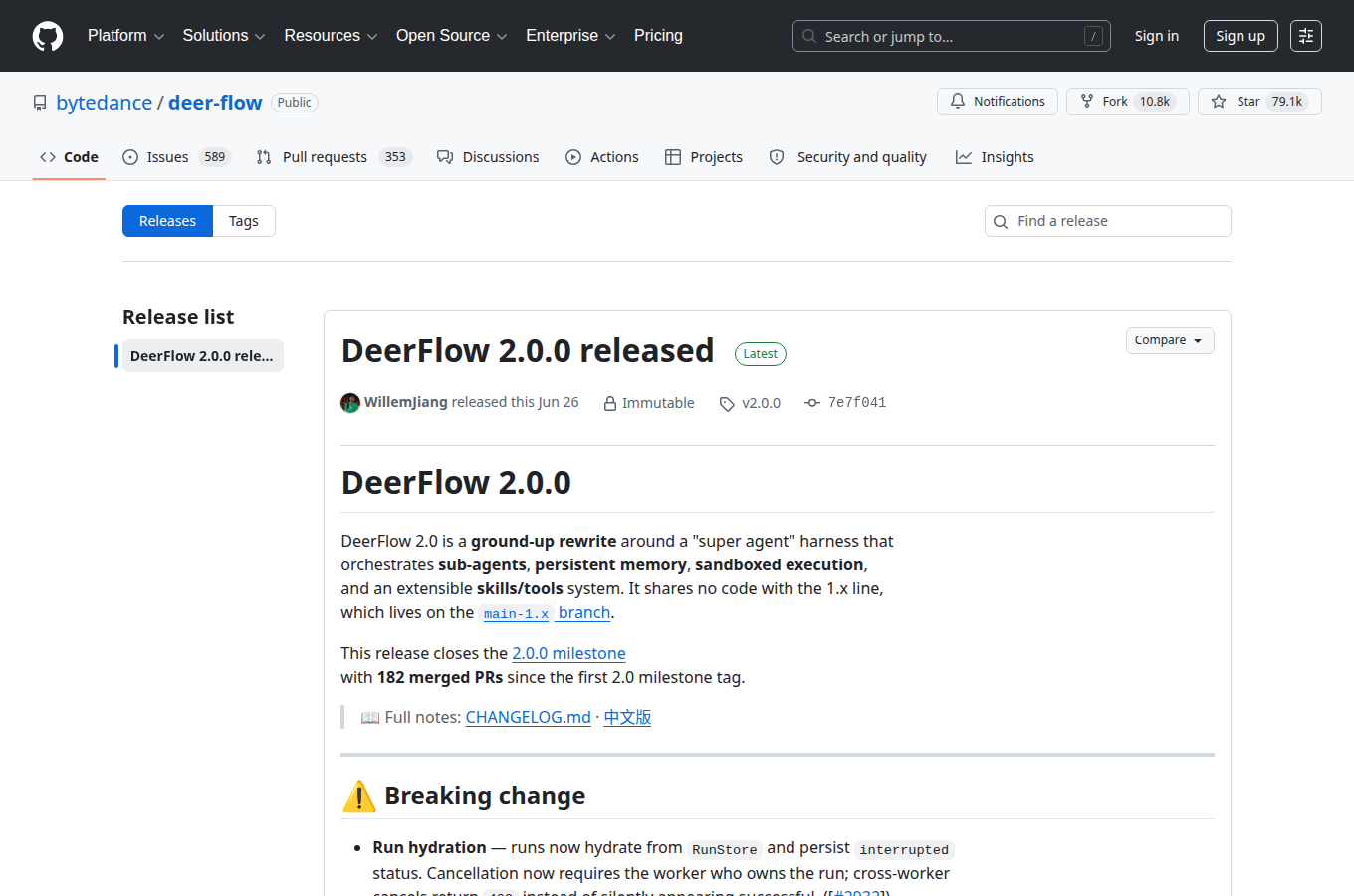 bytedance/deer-flow 的 Releases 分頁，列出正式版本與更新說明，方便核對文中提到的版號。