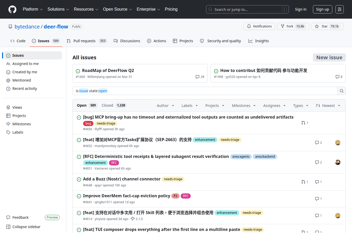 bytedance/deer-flow 的 Issues 分頁，可見使用者回報與討論，評估維護狀態與常見踩坑時可對照閱讀。