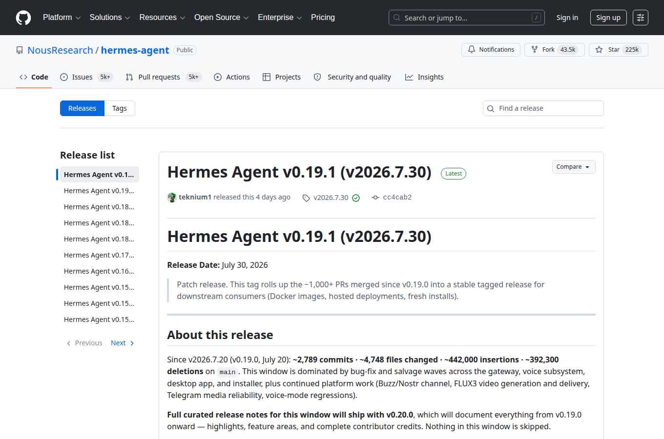 NousResearch/hermes-agent 的 GitHub Releases 分頁，列出正式發行版本與更新說明。閱讀「Hermes Agent 是什麼？Nous Research 如何用「會記憶的 」時若要鎖定穩定版號，可先從這頁核對。