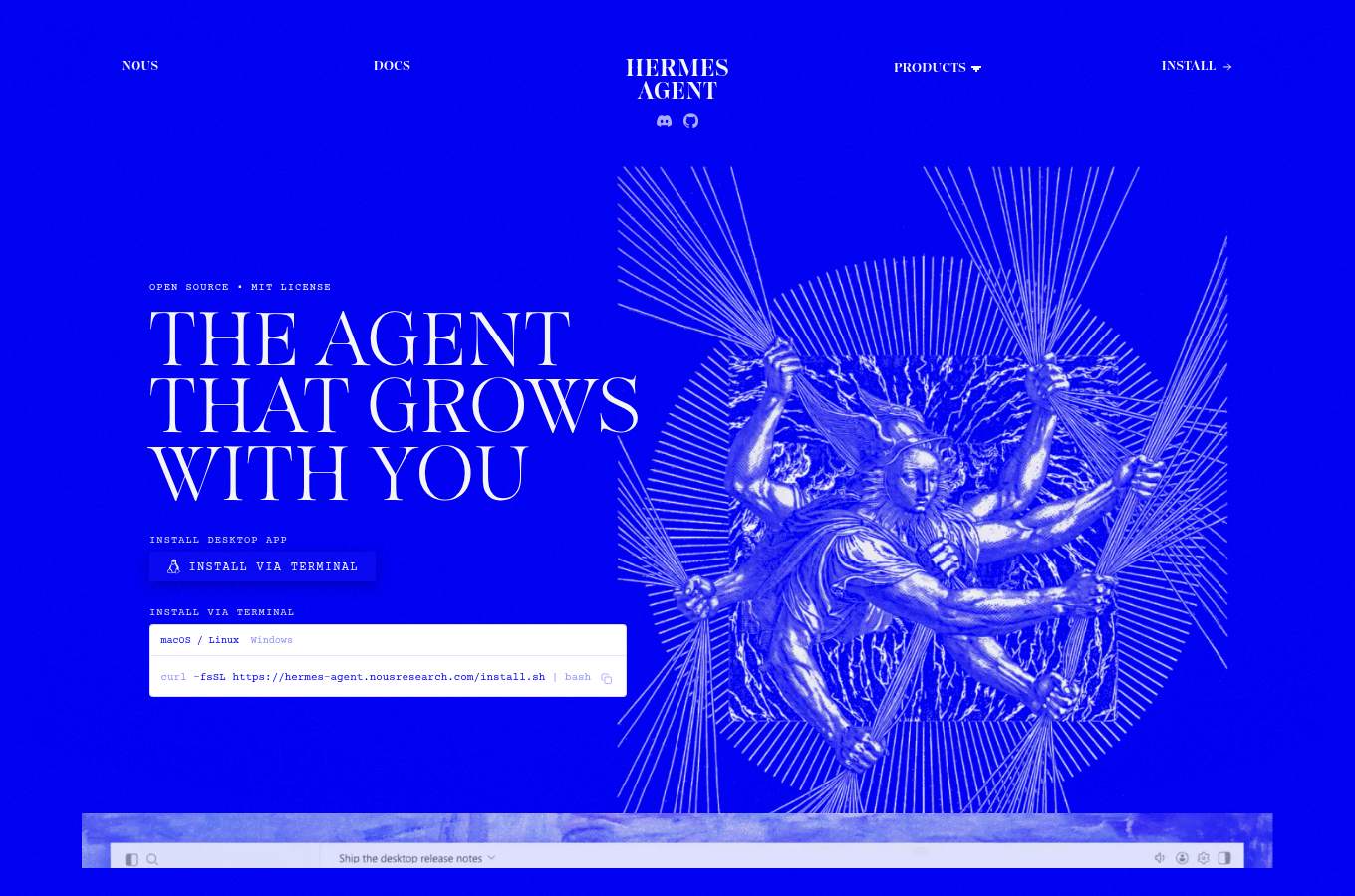 hermes-agent.nousresearch.com 的官方頁面截圖。對照文章主題「Hermes Agent 是什麼？Nous Research 如何用「會記憶的 」，可從官方說明確認功能定義、文件入口或產品定位。