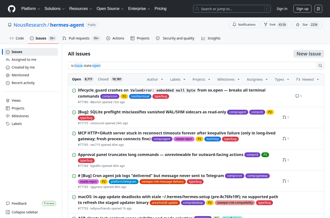 NousResearch/hermes-agent 的 GitHub Issues 分頁，可見使用者回報的問題與討論。想評估維護狀態與常見踩坑，這頁通常比只看星數更有參考價值。