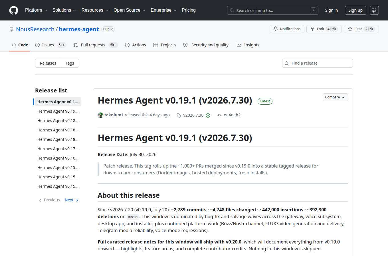 NousResearch/Hermes-Agent 的 Releases 分頁,列出正式版本與更新說明,方便核對文中提到的版號。