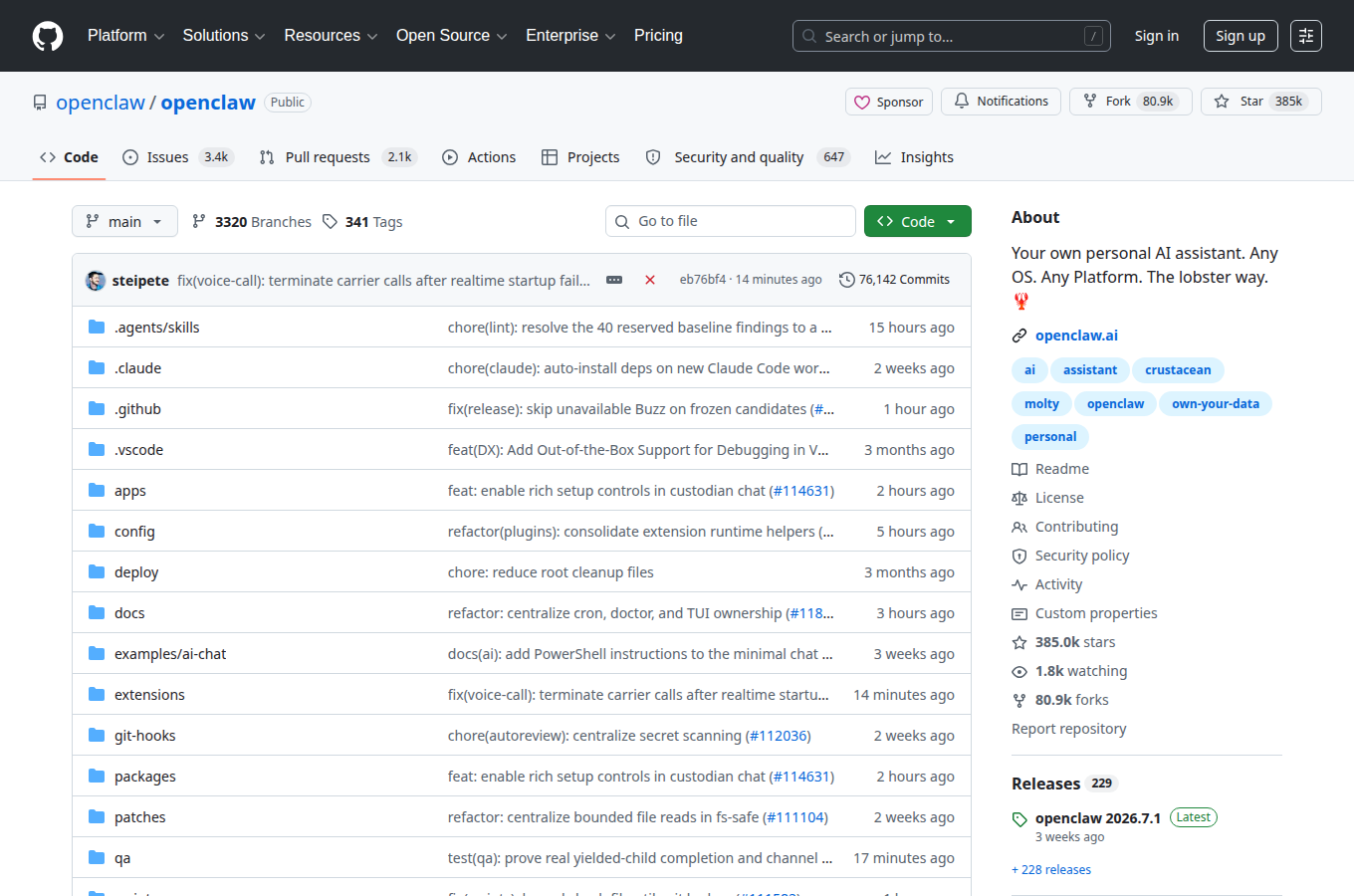 openclaw/openclaw 在 GitHub 的專案首頁。對應文章「自我改進的實現」，可查看 README、目錄結構與文件入口，方便跟著正文步驟核對原始碼位置。