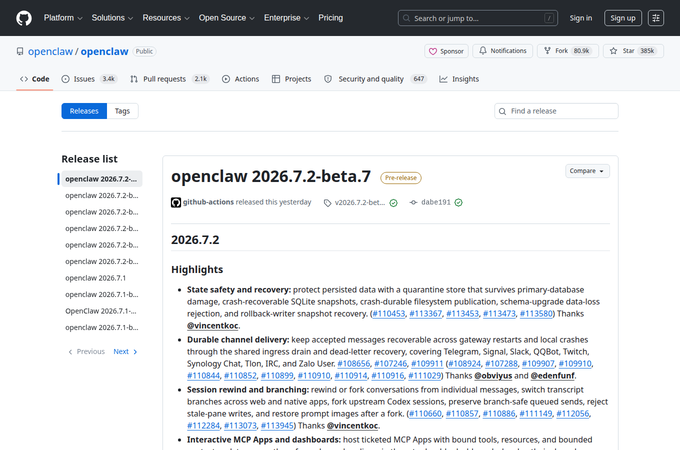 openclaw/openclaw 的 GitHub Releases 分頁，列出正式發行版本與更新說明。閱讀「自我改進的實現」時若要鎖定穩定版號，可先從這頁核對。