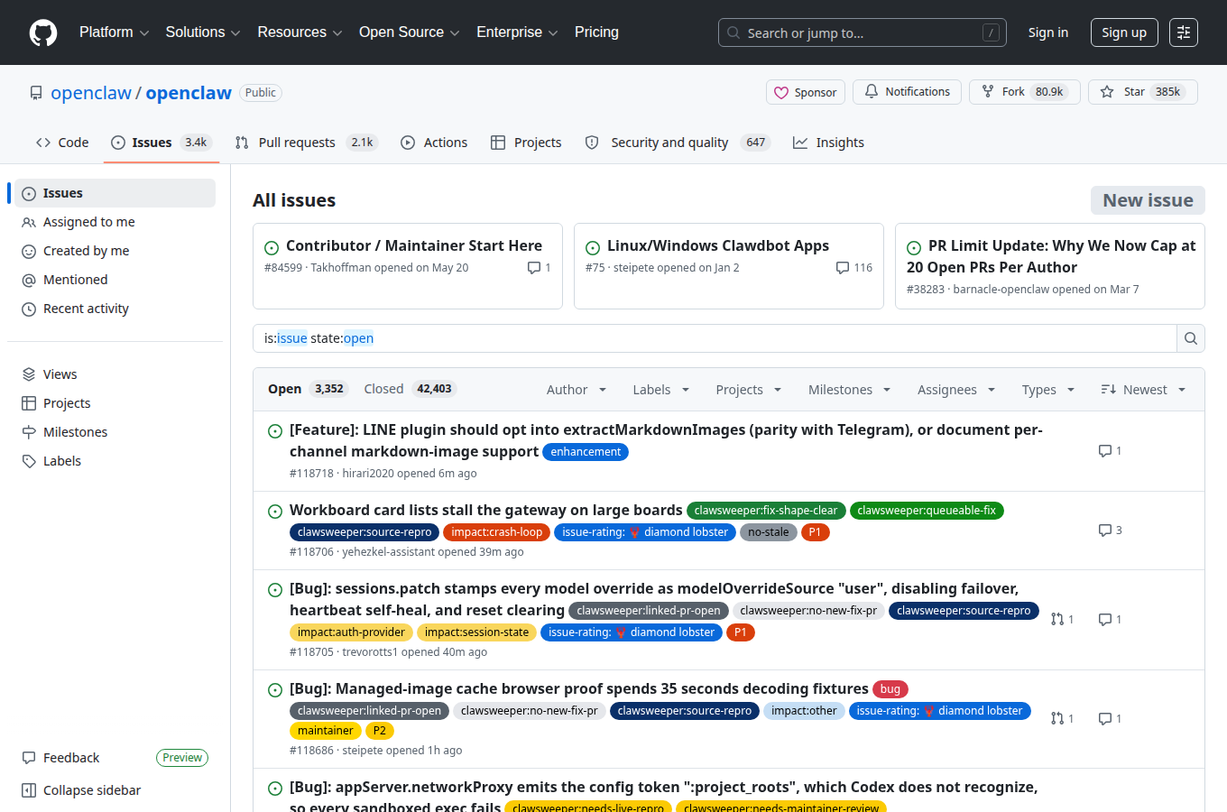openclaw/openclaw 的 GitHub Issues 分頁，可見使用者回報的問題與討論。想評估維護狀態與常見踩坑，這頁通常比只看星數更有參考價值。