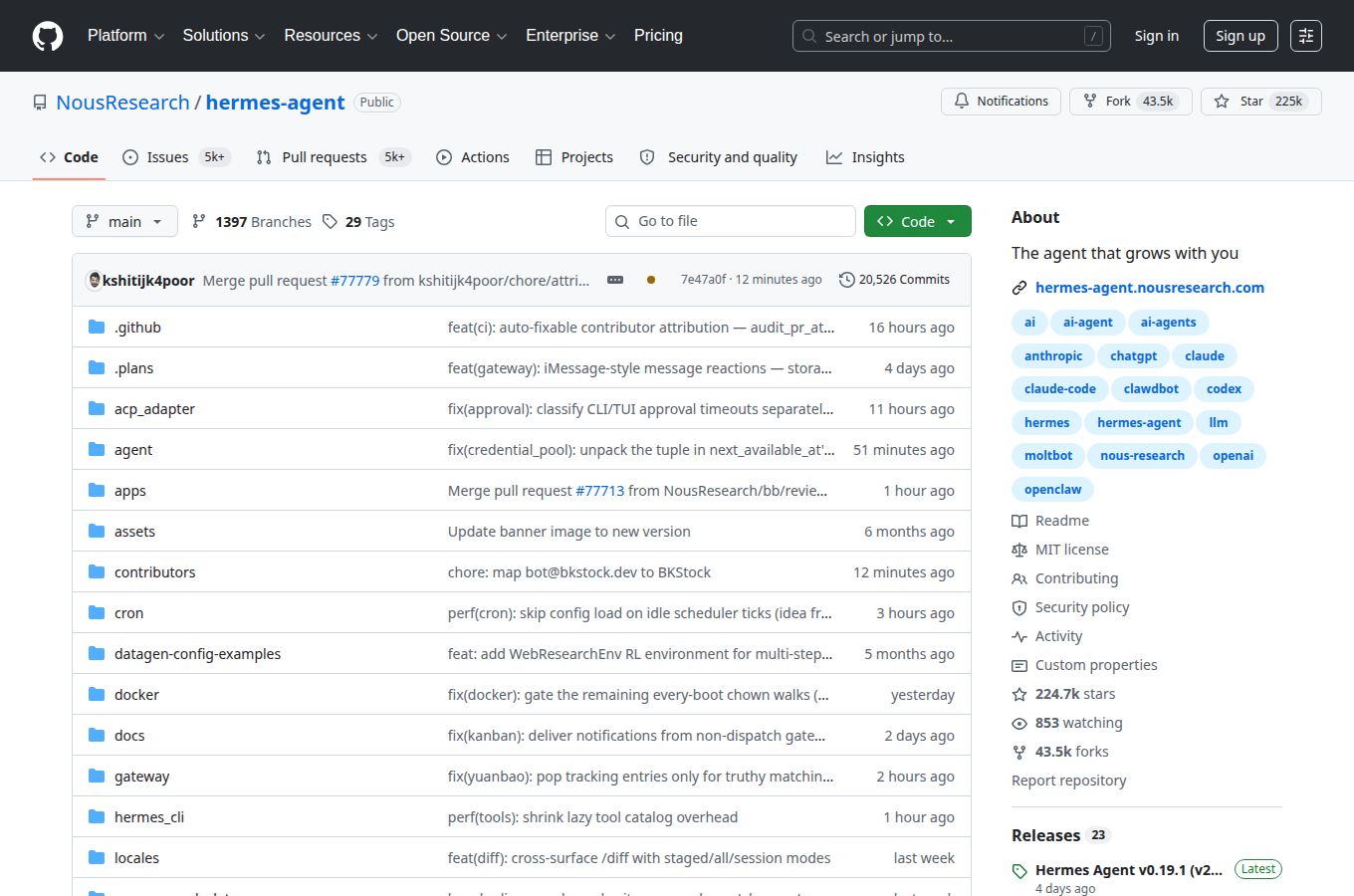 NousResearch/hermes-agent 在 GitHub 的專案首頁。對應文章「Hermes Agent vs OpenClaw」,可查看 README、目錄結構與文件入口,方便跟著正文步驟核對原始碼位置。