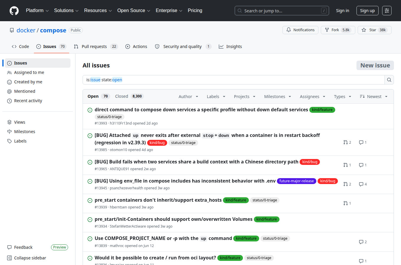 docker/compose 的 GitHub Issues 分頁,可見使用者回報的問題與討論。想評估維護狀態與常見踩坑,這頁通常比只看星數更有參考價值。