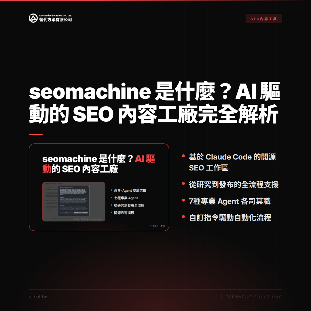 seomachine 功能重點卡：基於 Claude Code 的開源 SEO 工作區，7 種專業 Agent、自訂指令驅動自動化流程
