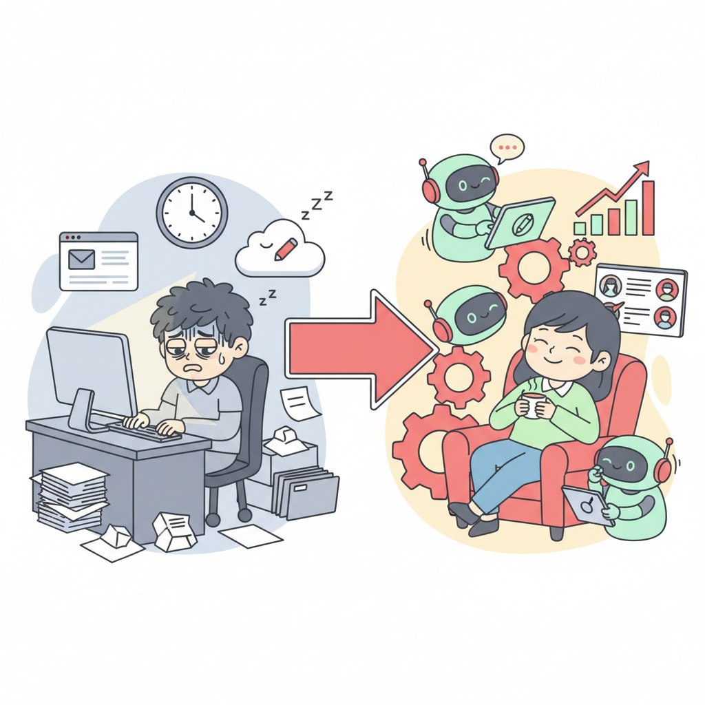 傳統網站vs智動化網站對比插畫:從手動疲勞到AI自動輕鬆