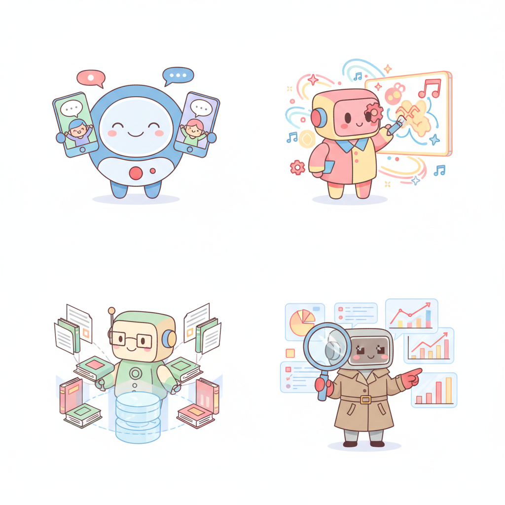 AI四大應用場景插畫:智能客服、內容生成、知識庫、數據分析