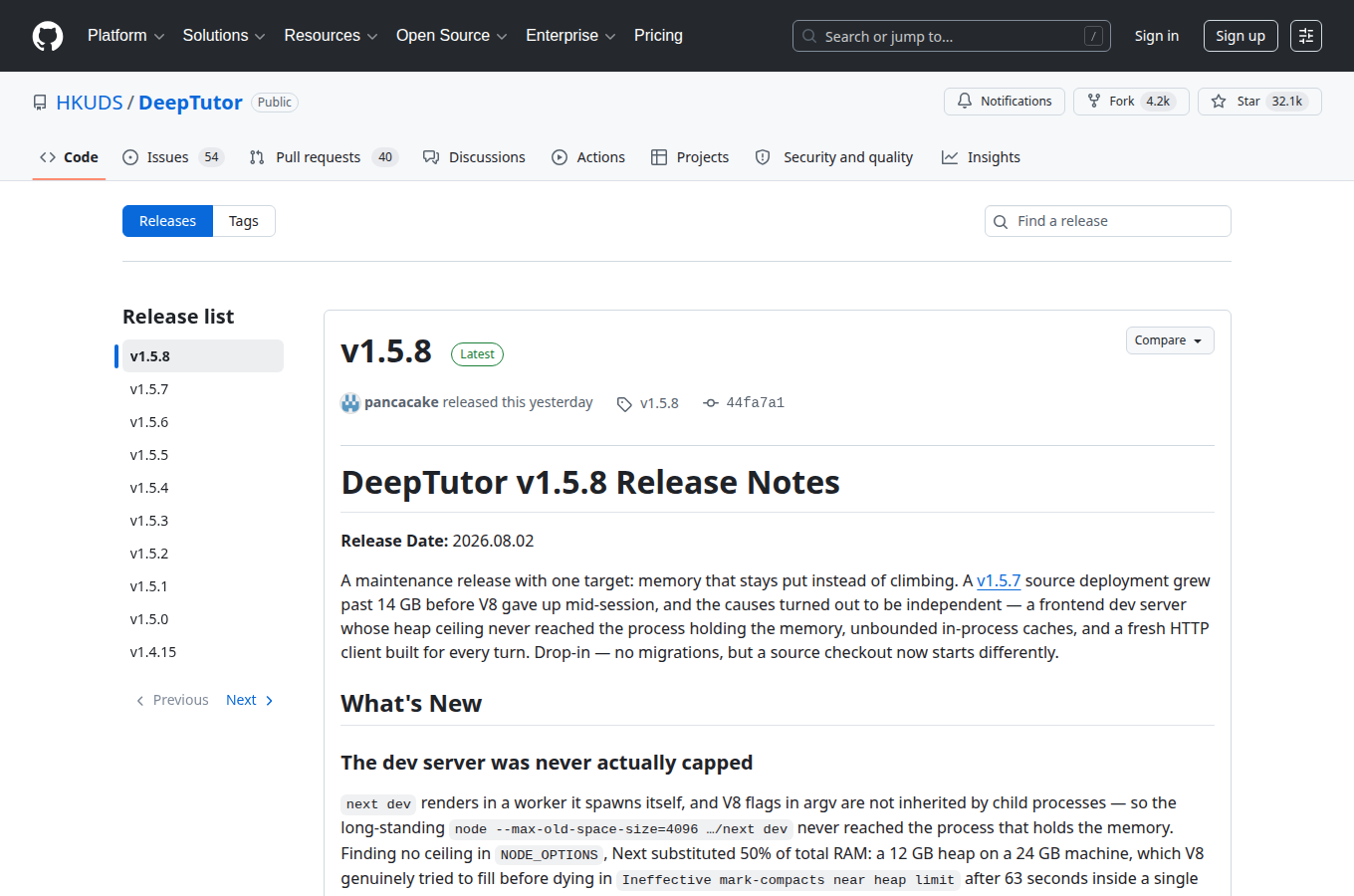 HKUDS/DeepTutor 的 Releases 分頁，列出正式版本與更新說明，方便核對文中提到的版號。