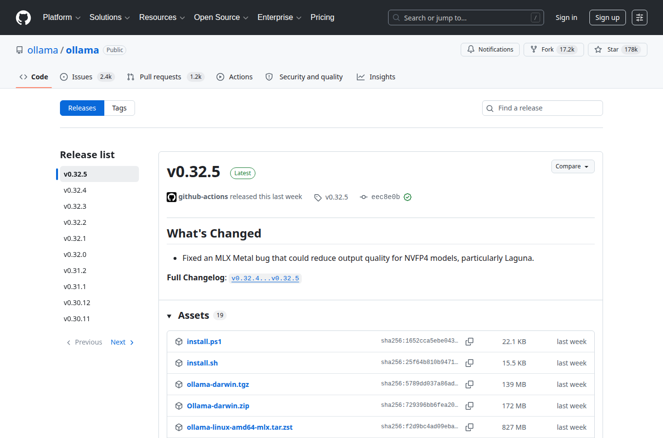 ollama/ollama 的 Releases 分頁，列出正式版本與更新說明，方便核對文中提到的版號。