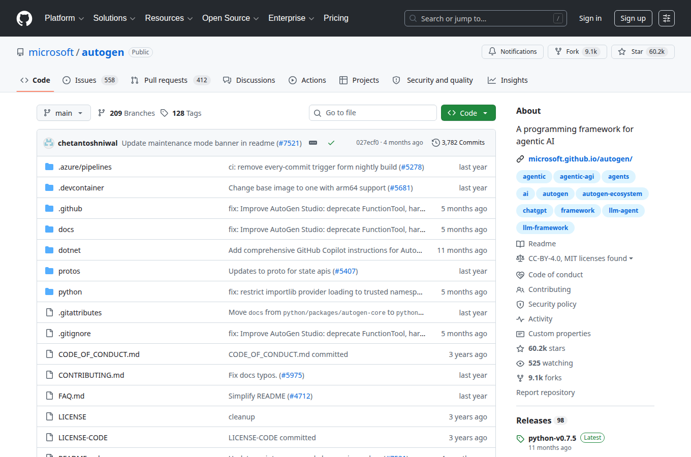 microsoft/autogen 在 GitHub 的專案首頁。對照正文「AI 代理／企業採用與未來趨勢」相關說明，可查看 README、目錄結構與倉庫入口。