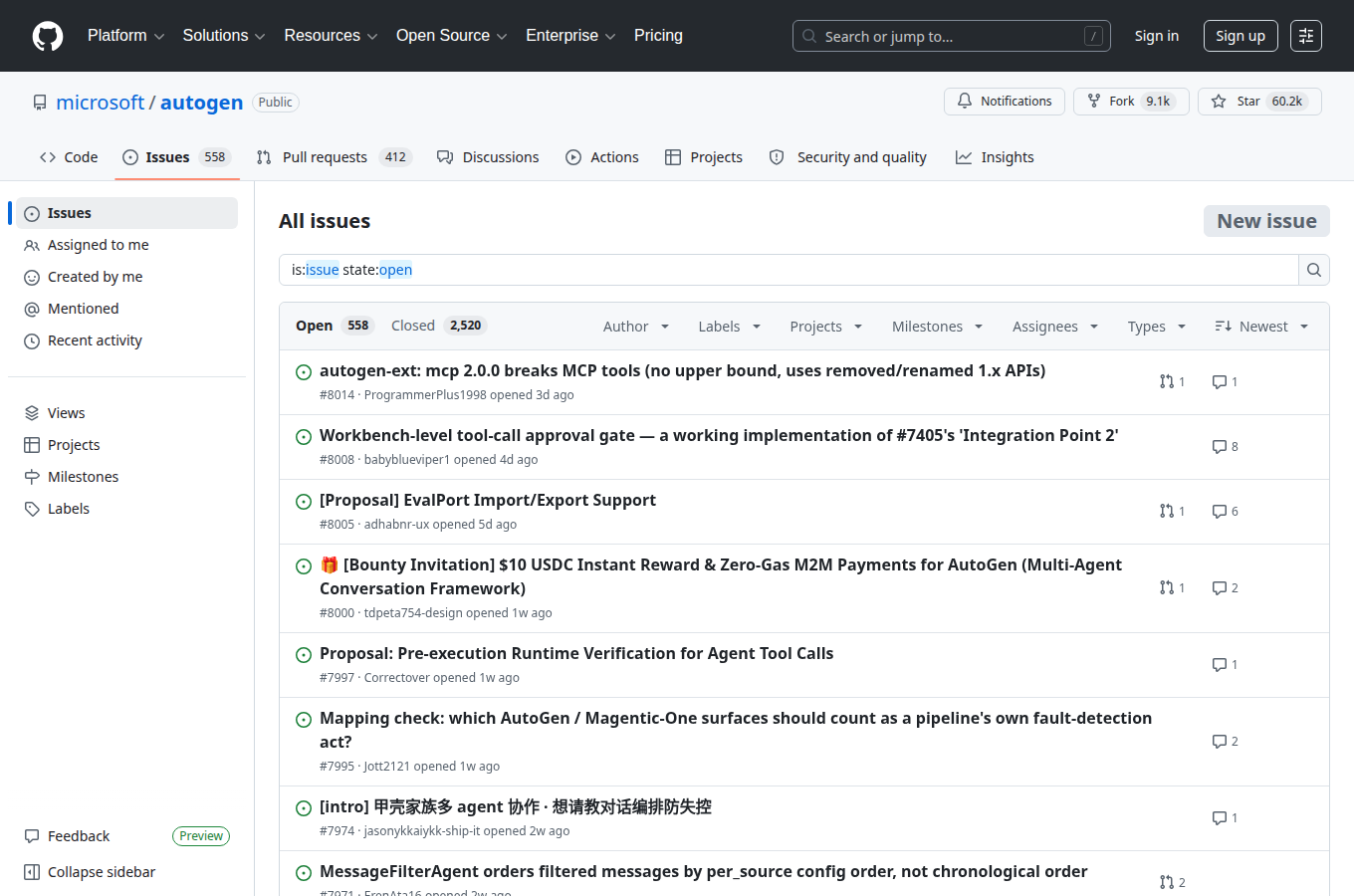 microsoft/autogen 的 Issues 分頁，可見使用者回報與討論，評估維護狀態與常見踩坑時可對照閱讀。