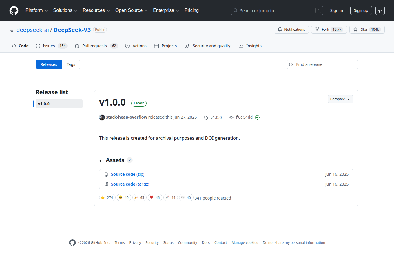 deepseek-ai/DeepSeek-V3 的 Releases 分頁，列出正式版本與更新說明，方便核對文中提到的版號。