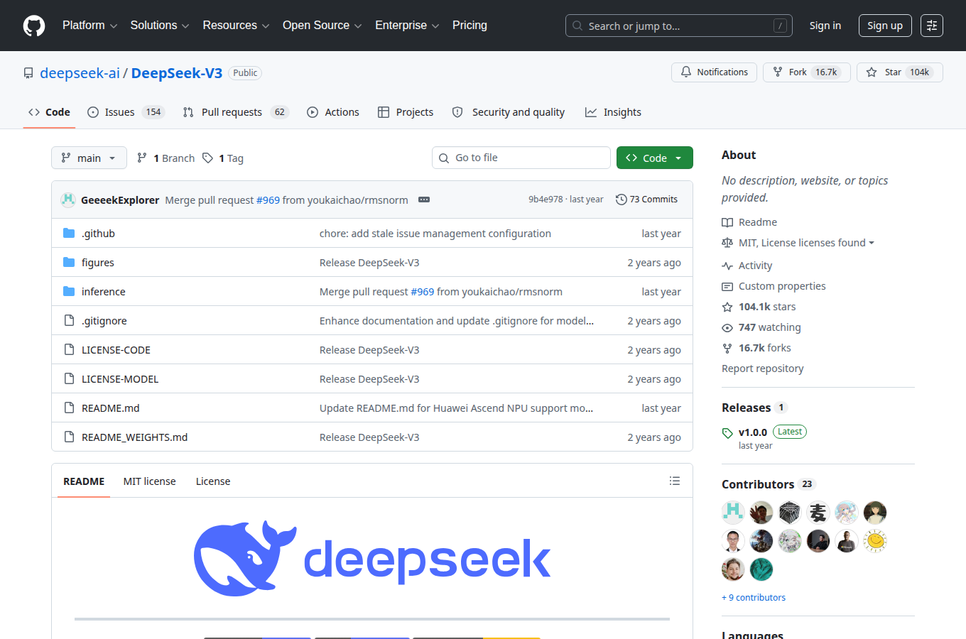 deepseek-ai/DeepSeek-V3 在 GitHub 的專案首頁。對照正文「DeepSeek 模型與架構」相關說明，可查看 README、目錄結構與倉庫入口。
