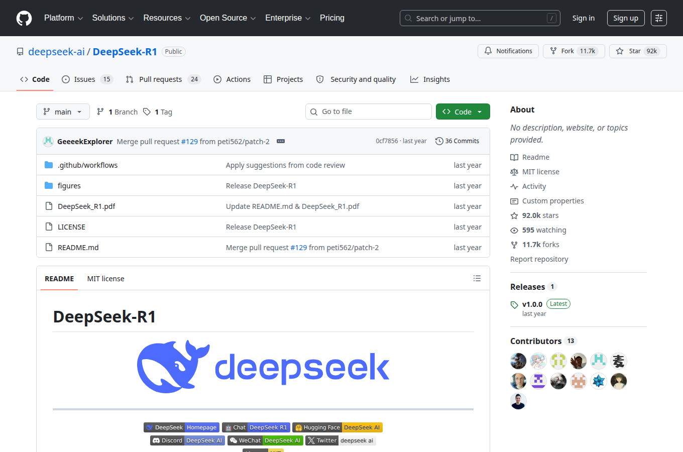 deepseek-ai/DeepSeek-R1 專案頁。對照正文的推理模型說明,可查看官方倉庫入口與文件。