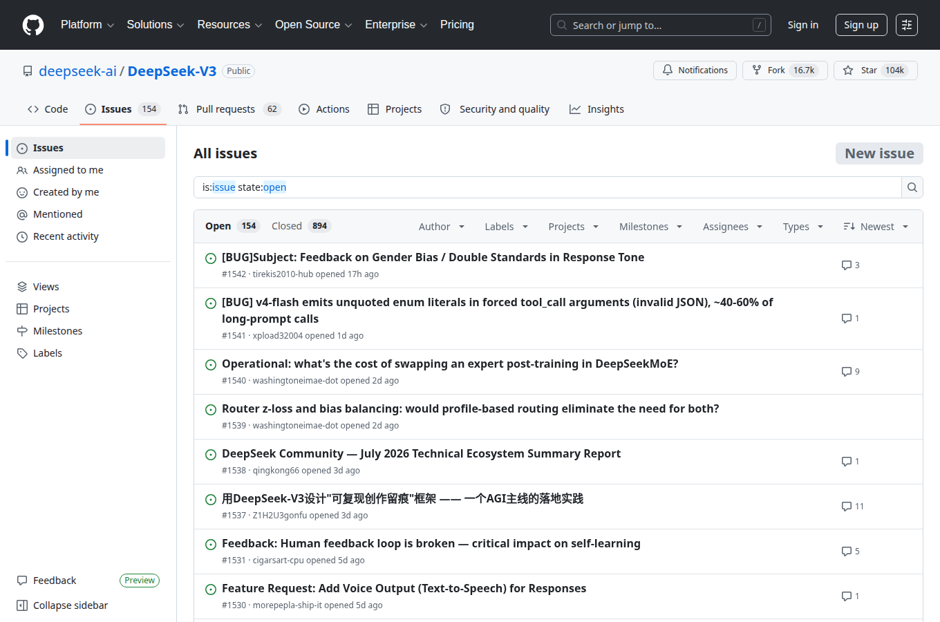 deepseek-ai/DeepSeek-V3 的 Issues 分頁，可見使用者回報與討論，評估維護狀態與常見踩坑時可對照閱讀。
