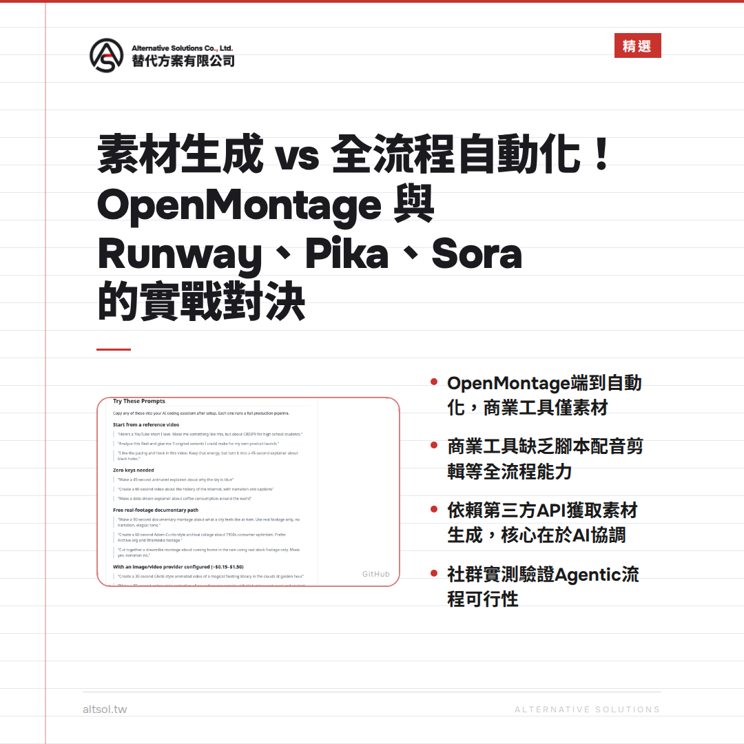 素材生成 vs 全流程自動化！OpenMontage 與 Runway、Pika、Sora 的實戰對決