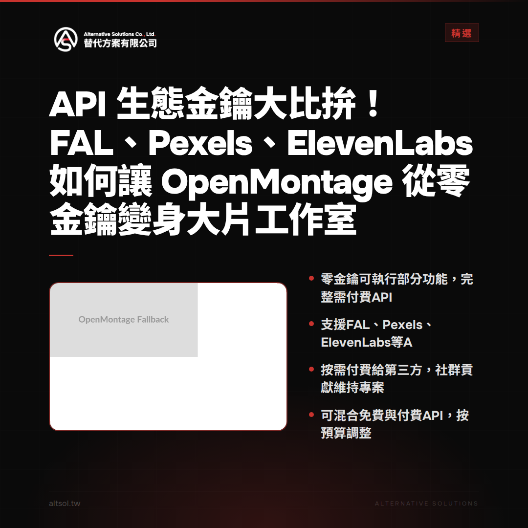 API 生態金鑰大比拚！FAL、Pexels、ElevenLabs 如何讓 OpenMontage 從零金鑰變身大片工作室 圖卡 1