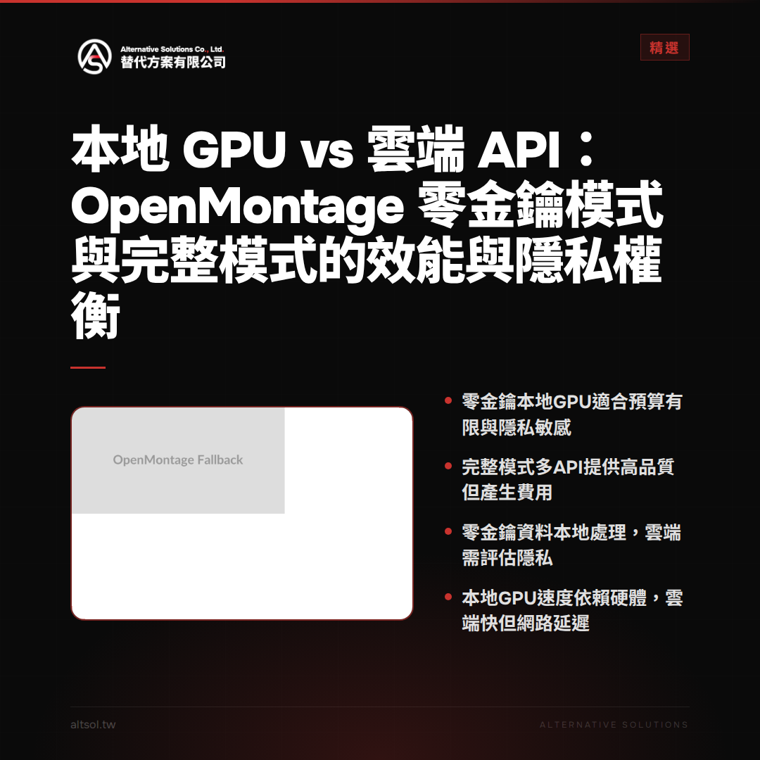 本地 GPU vs 雲端 API：OpenMontage 零金鑰模式與完整模式的效能與隱私權衡 圖卡 1