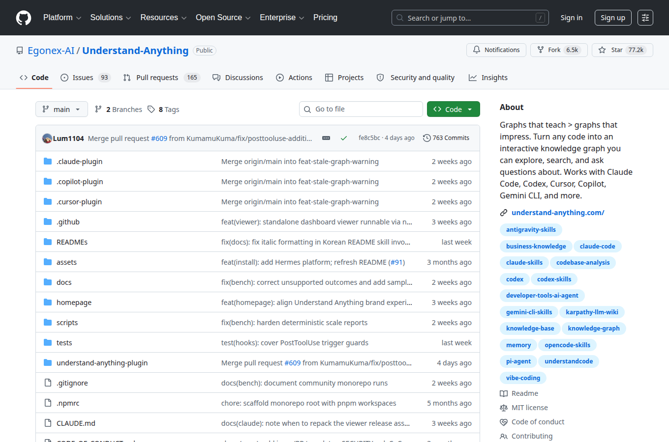 Lum1104/Understand-Anything 在 GitHub 的專案首頁。對照正文「程式碼知識圖譜／Understand-Anything」相關說明，可查看 README、目錄結構與倉庫入口。