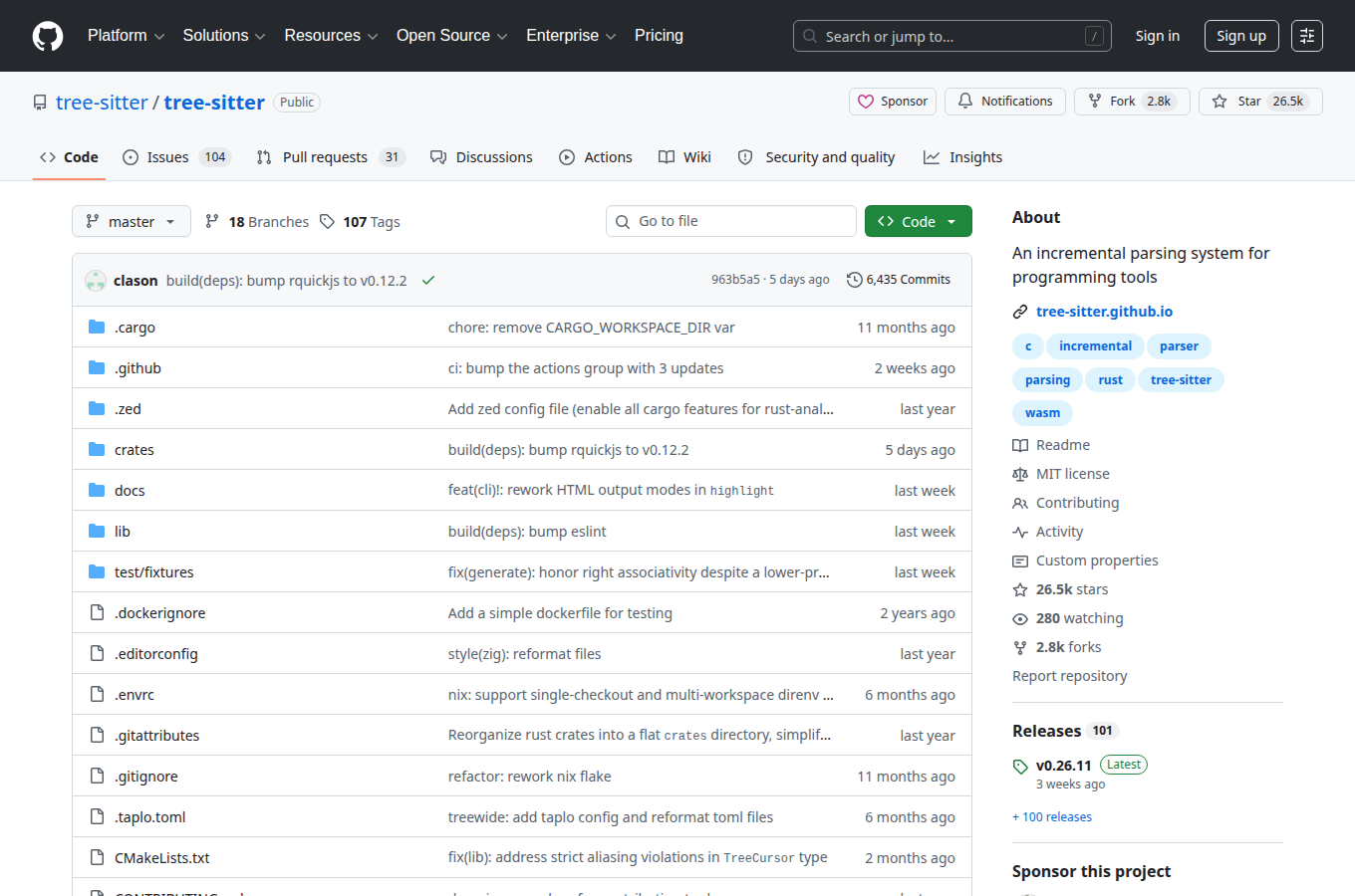 tree-sitter/tree-sitter 在 GitHub 的專案首頁。對照正文「靜態分析與程式理解」相關說明，可查看 README、目錄結構與倉庫入口。