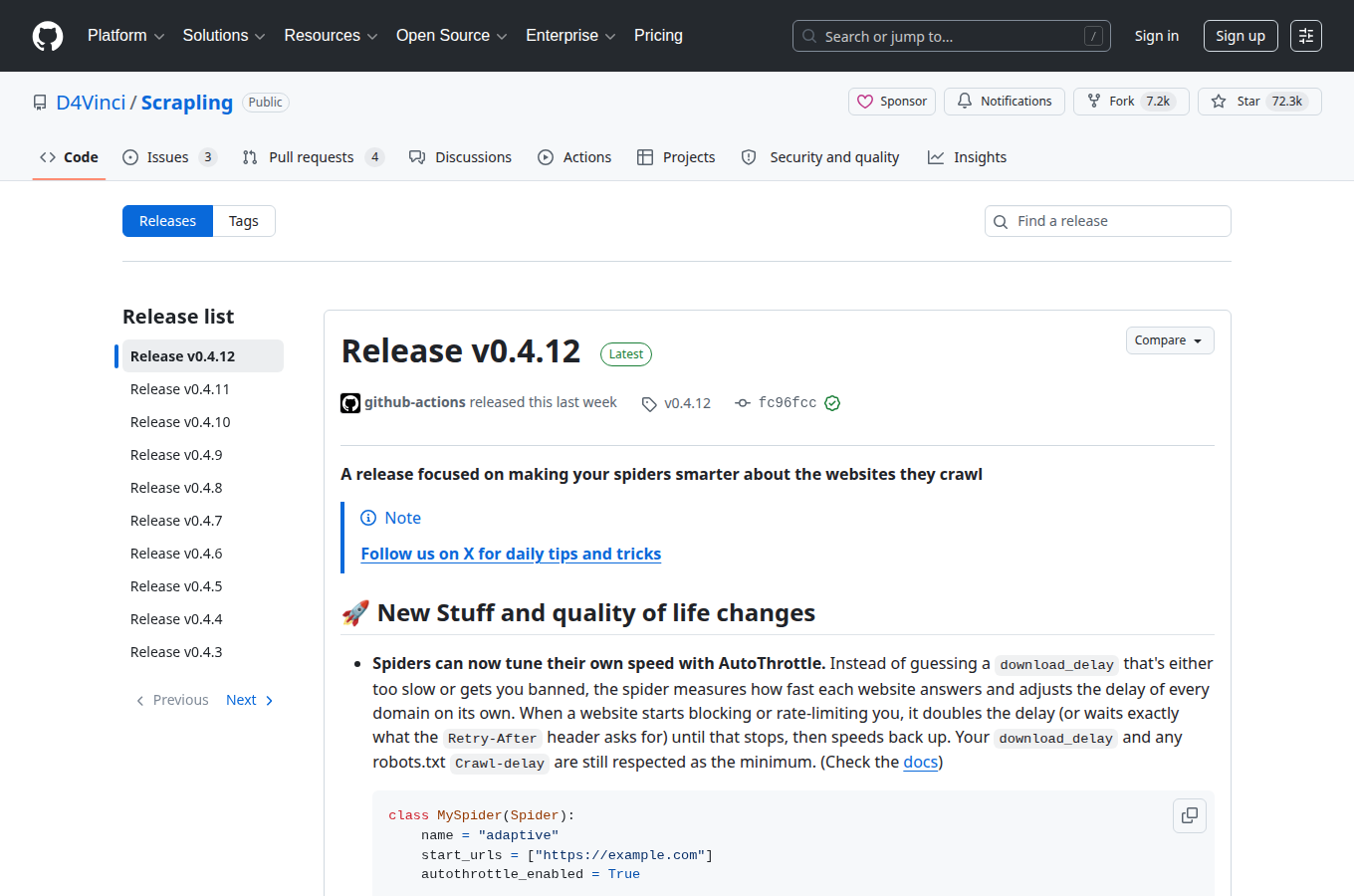 D4Vinci/Scrapling 的 GitHub Releases 分頁，列出正式發行版本與更新說明。閱讀「實測驗證」時若要鎖定穩定版號，可先從這頁核對。