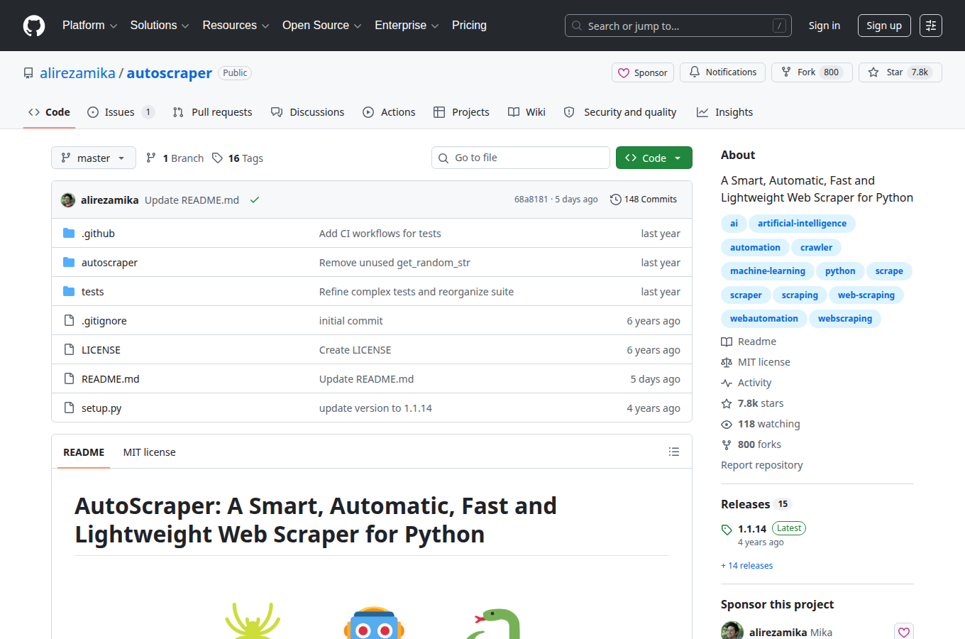 alirezamika/autoscraper 在 GitHub 的專案首頁。對應文章「實測驗證」，可查看 README、目錄結構與文件入口，方便跟著正文步驟核對原始碼位置。