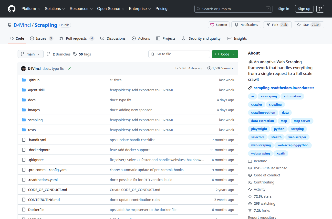 D4Vinci/Scrapling 在 GitHub 的專案首頁。對照正文「自適應爬蟲／Scrapling」相關說明，可查看 README、目錄結構與倉庫入口。