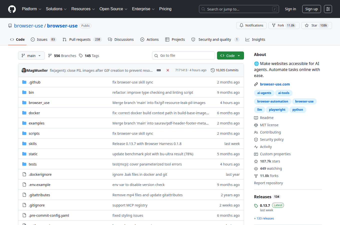 browser-use/browser-use 在 GitHub 的專案首頁。對照正文「Agent 上網查資料／瀏覽器自動化」相關說明，可查看 README、目錄結構與倉庫入口。