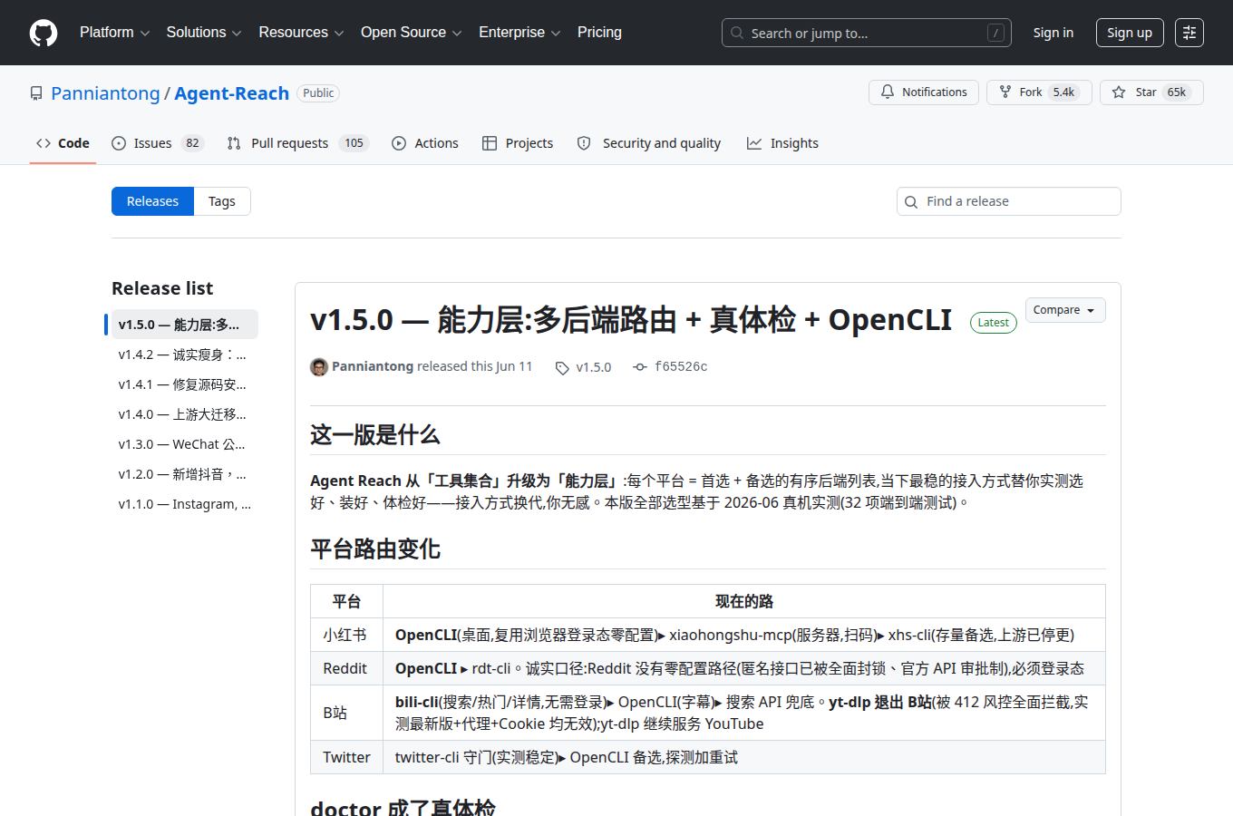 Panniantong/Agent-Reach 的 GitHub Releases 分頁，列出正式發行版本與更新說明。閱讀「你的 Cookie 安全嗎？使用 Agent-Reach 前必須知道的隱私、合規」時若要鎖定穩定版號，可先從這頁核對。