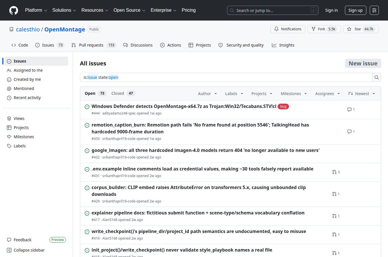 calesthio/openmontage 的 GitHub Issues 分頁，可見使用者回報的問題與討論。想評估維護狀態與常見踩坑，這頁通常比只看星數更有參考價值。