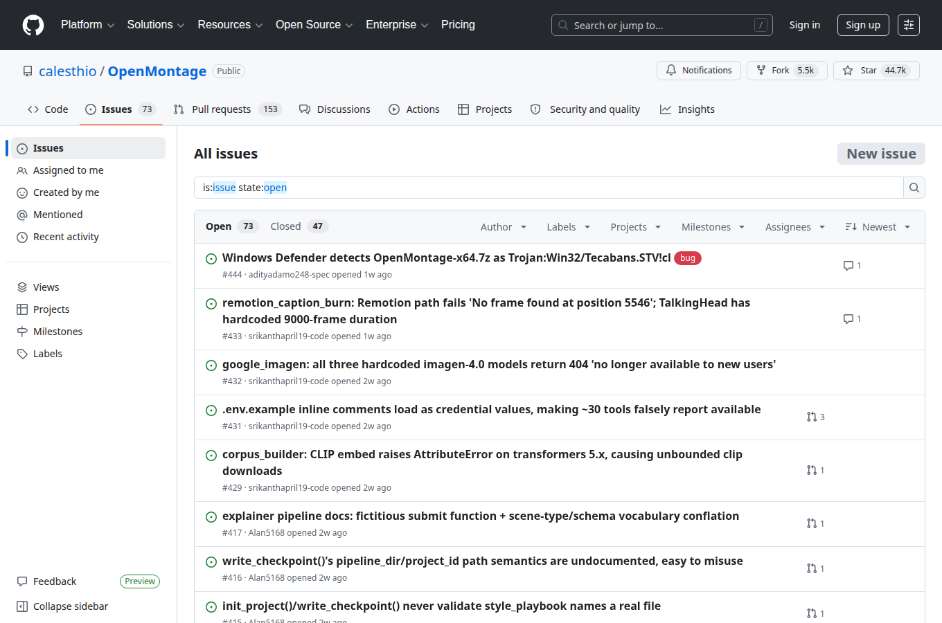 OpenMontage 的 Issues 分頁，可見社群回報與功能討論，評估專案活躍度時可參考。