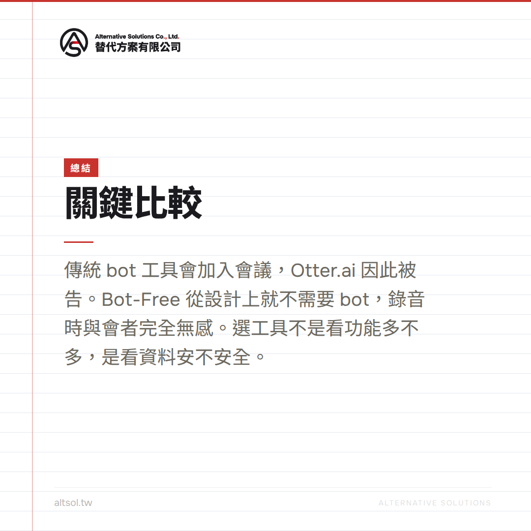 Meetily Bot-Free 總結 關鍵比較