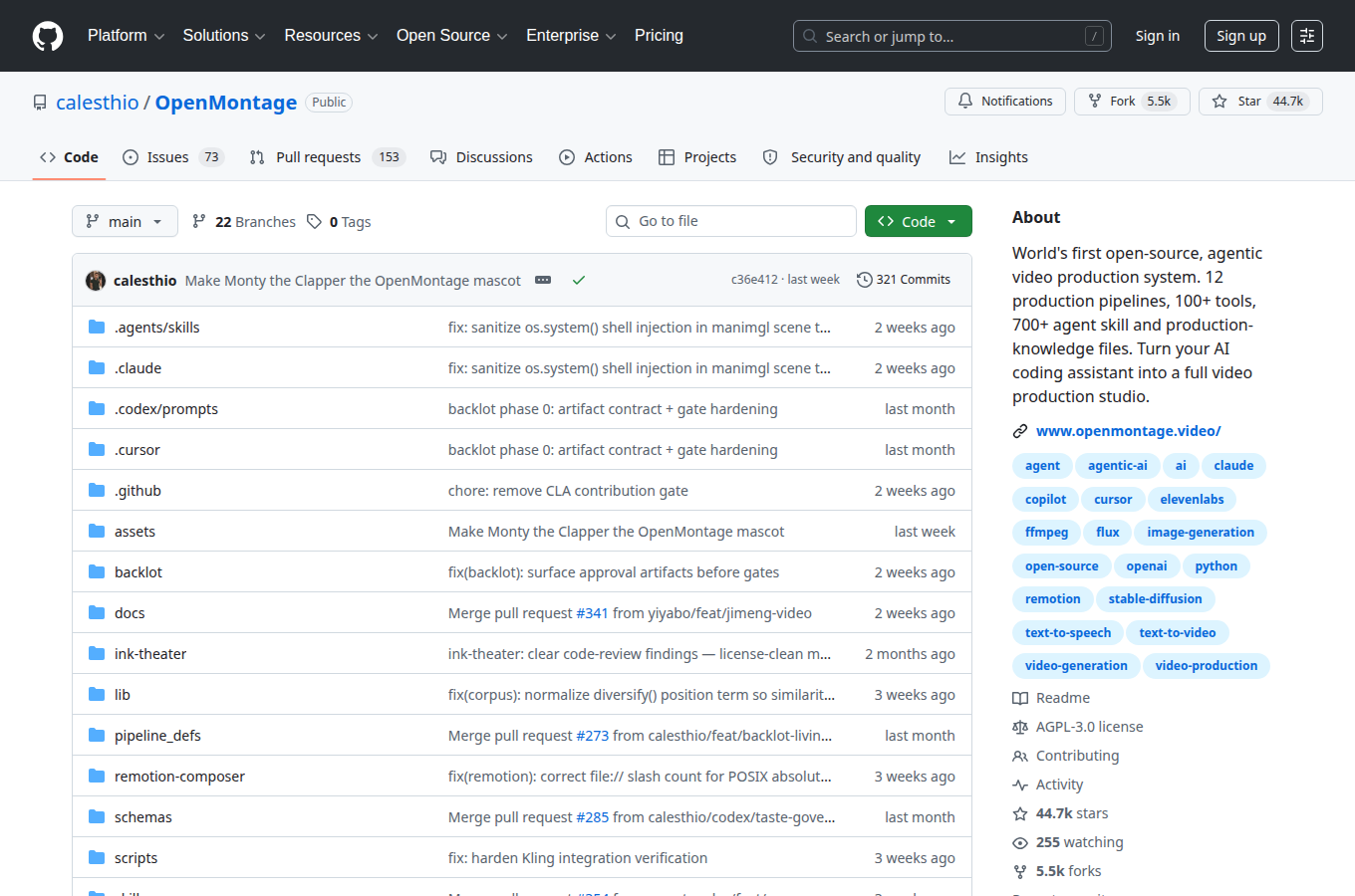 calesthio/OpenMontage 在 GitHub 的專案首頁。對應文章「API 生態金鑰大比拚!FAL、Pexels、ElevenLabs 如何讓 Op」,可查看 README、目錄結構與文件入口,方便跟著正文步驟核對原始碼位置。