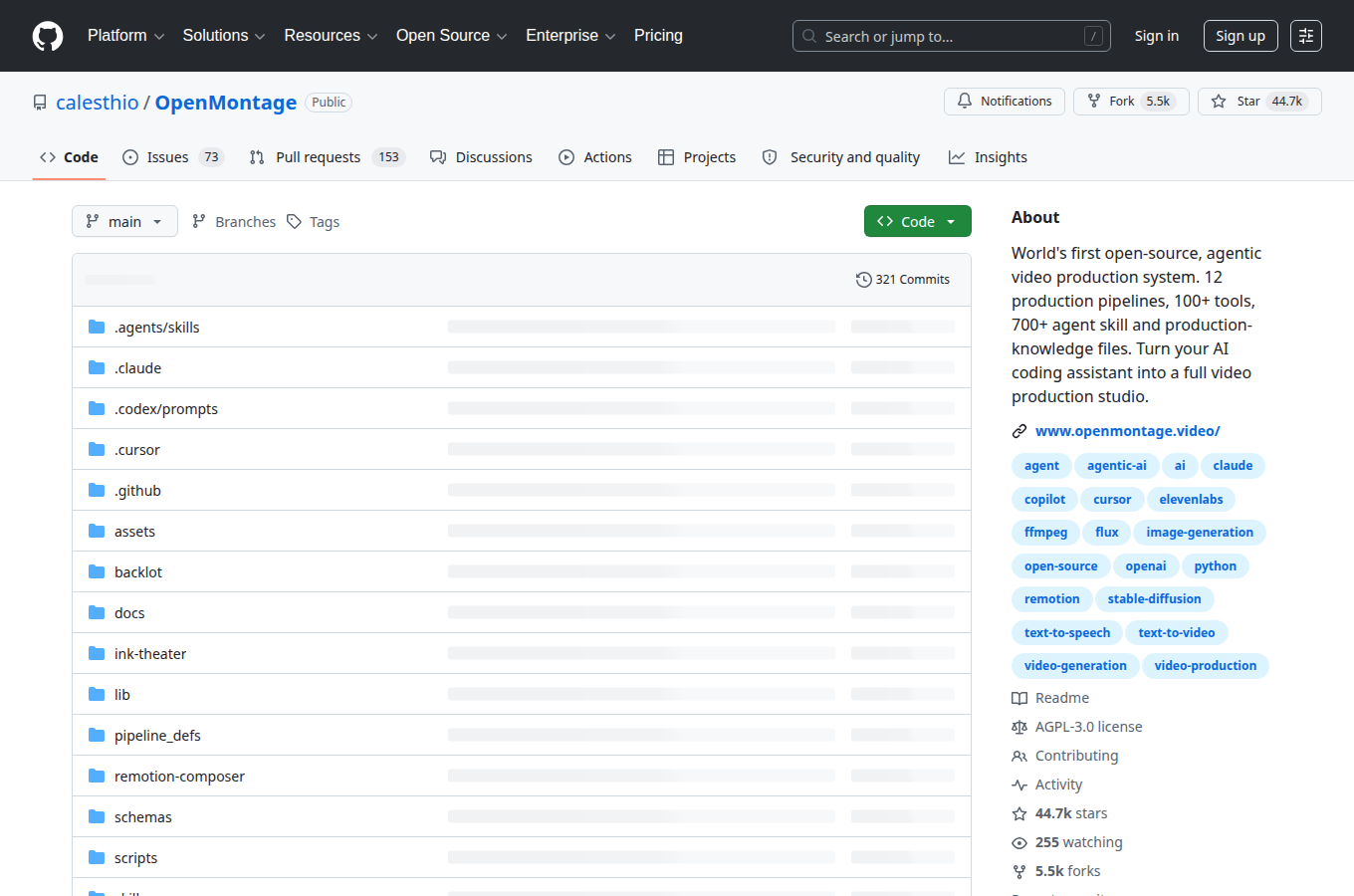 calesthio/OpenMontage.git 在 GitHub 的專案首頁。對應文章「本地 GPU vs 雲端 API」，可查看 README、目錄結構與文件入口，方便跟著正文步驟核對原始碼位置。