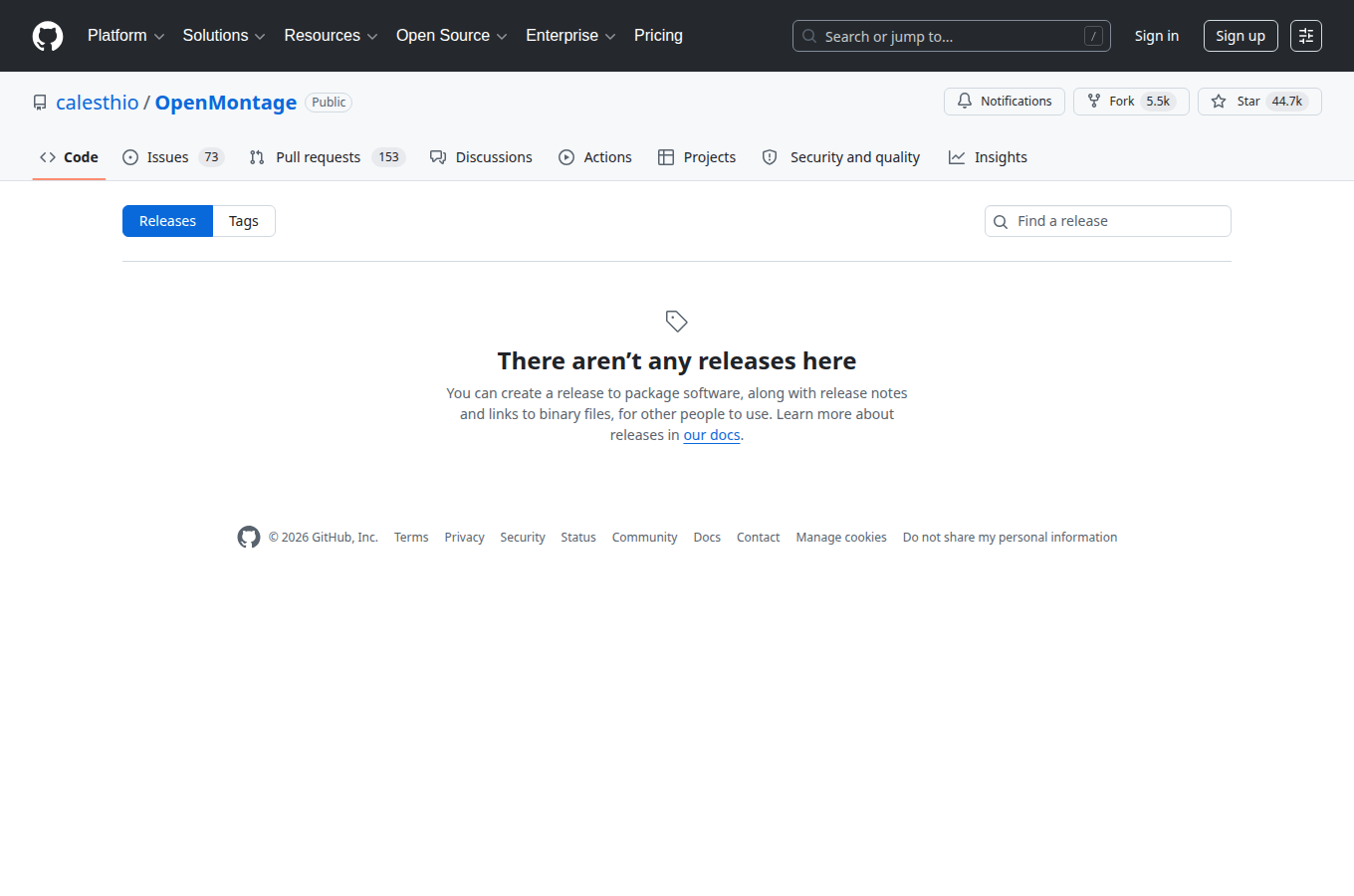 calesthio/OpenMontage 的 GitHub Releases 分頁，列出正式發行版本與更新說明。閱讀「本地 GPU vs 雲端 API」時若要鎖定穩定版號，可先從這頁核對。