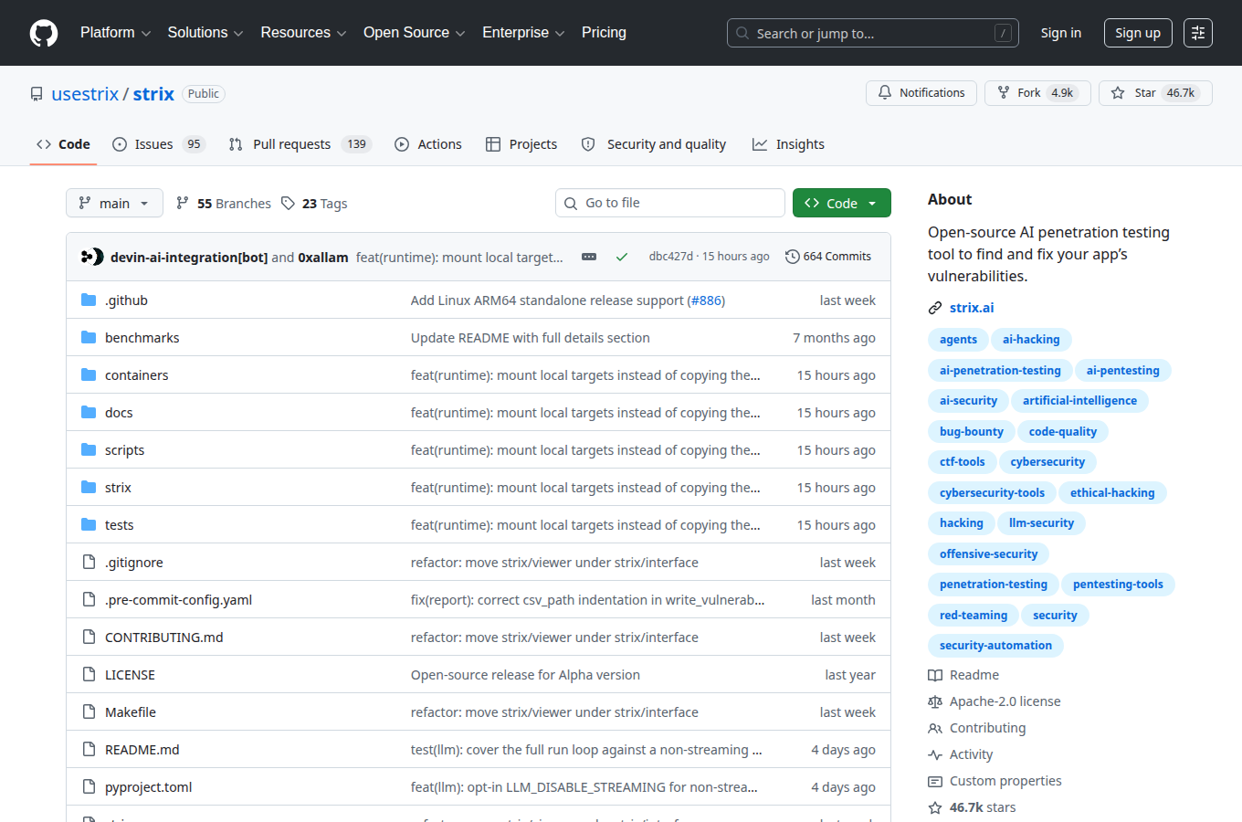 usestrix/strix 在 GitHub 的專案首頁。對應文章「開源AI滲透測試工具Strix來了！自動抓出網站漏洞還附修法建議」，可查看 README、目錄結構與文件入口，方便跟著正文步驟核對原始碼位置。