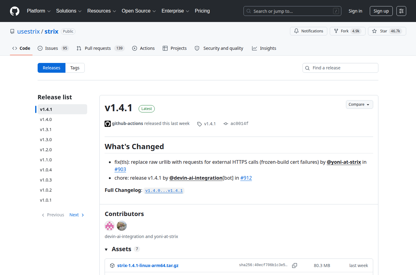 usestrix/strix 的 GitHub Releases 分頁，列出正式版本與更新說明，方便核對文中提到的安裝版本。