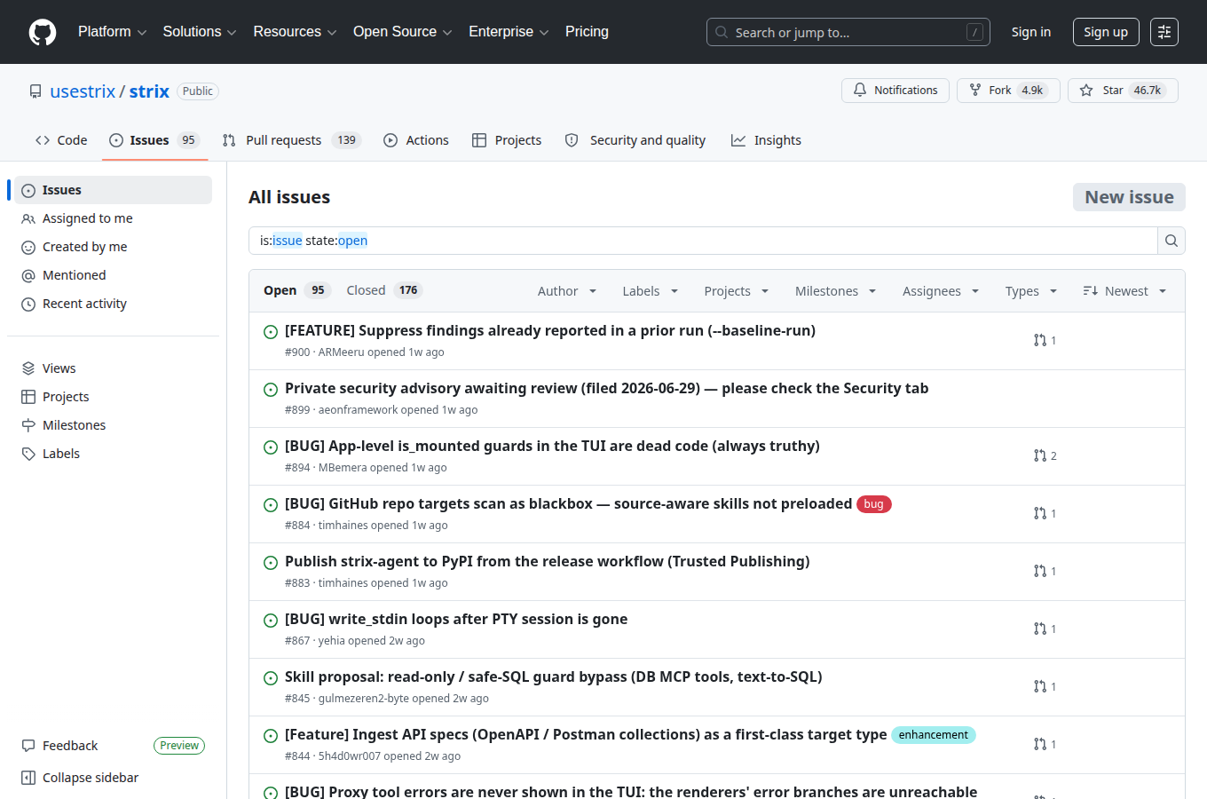 usestrix/strix 的 GitHub Issues 分頁，可見使用者回報與討論，評估維護狀態時可對照閱讀。