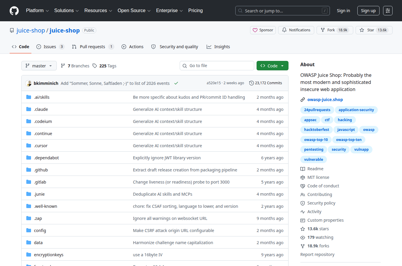 juice-shop/juice-shop 在 GitHub 的專案首頁。對應文章「中小企業也能玩滲透測試？用Strix補足台灣資安人力缺口，省錢又有效」，可查看 README、目錄結構與文件入口，方便跟著正文步驟核對原始碼位置。