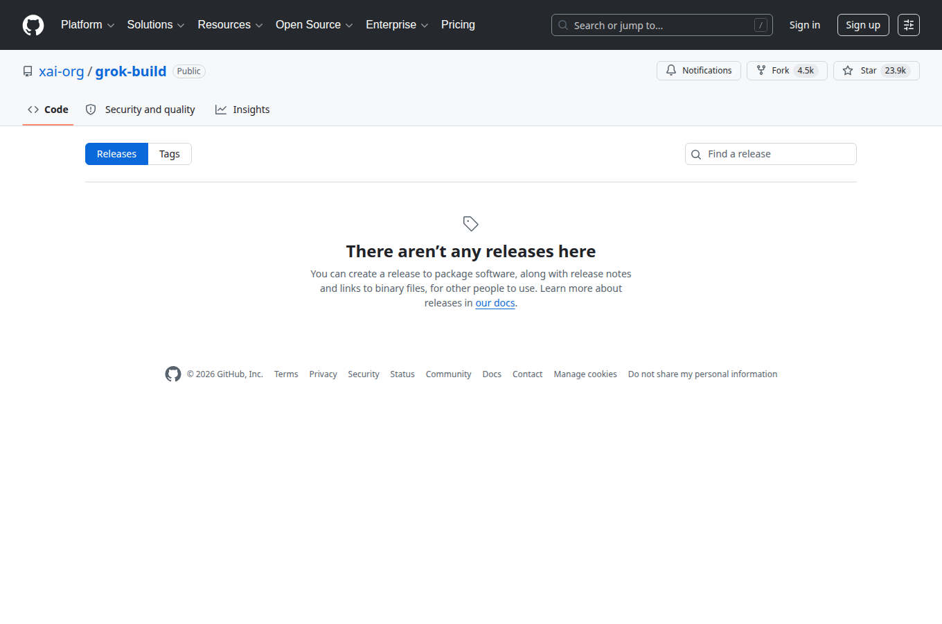 xai-org/grok-build 的 GitHub Releases 分頁,列出正式發行版本與更新說明。閱讀「Grok Build 開源了!xAI 用 Rust 打造的 Coding Age」時若要鎖定穩定版號,可先從這頁核對。