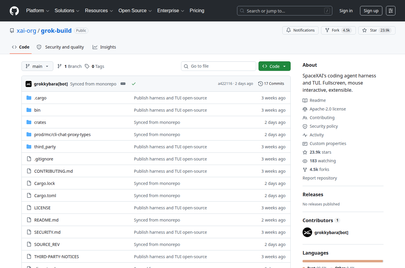 xai-org/grok-build 在 GitHub 的專案首頁。對照本文「引言：Grok Build 擴展生態全景」一節，可查看 README、目錄結構與倉庫說明，方便跟著正文步驟核對原始碼與文件入口。