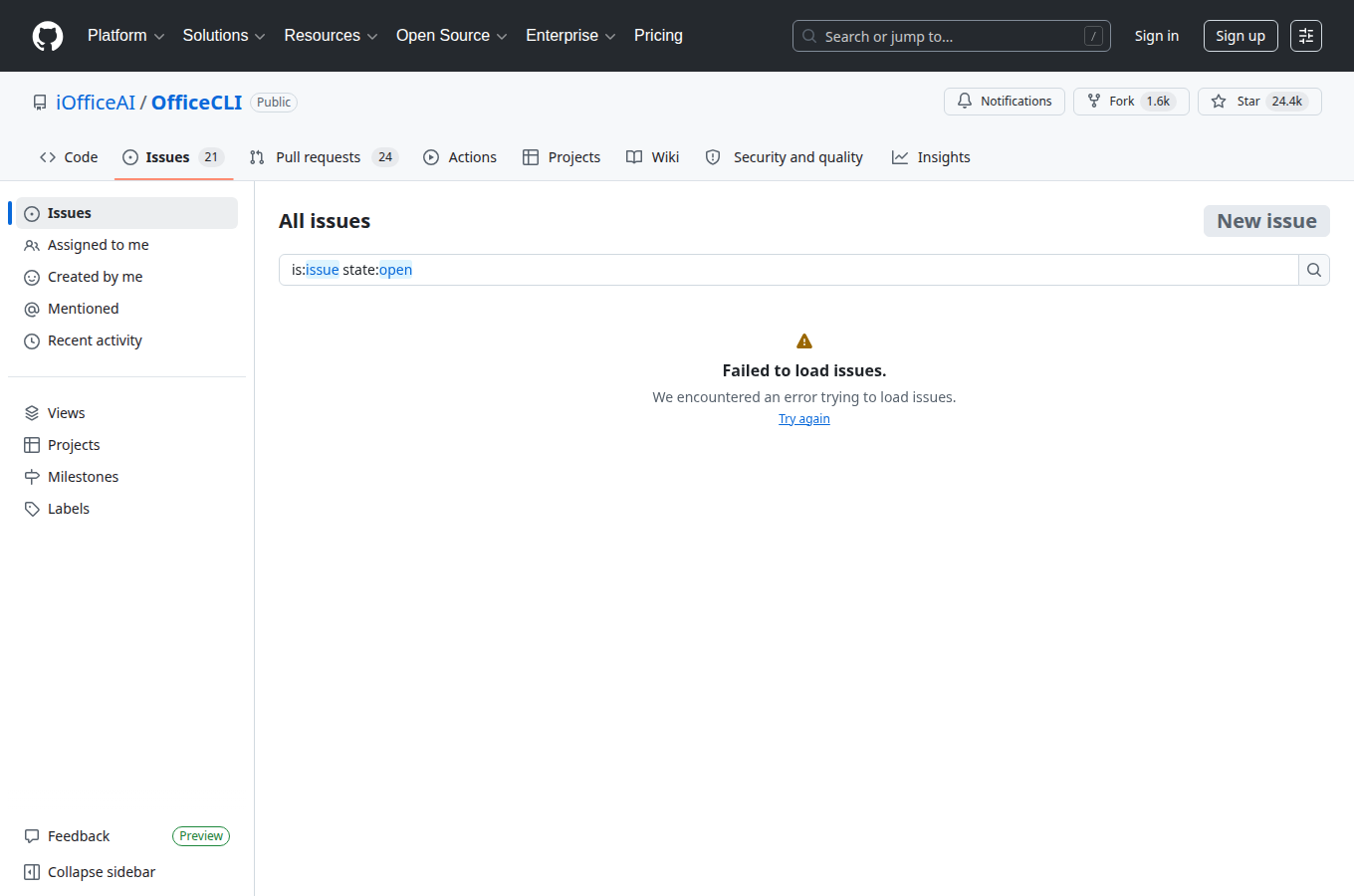 iOfficeAI/OfficeCLI 的 GitHub Issues 分頁，可見使用者回報的問題與討論。想評估專案是否還在維護、常見踩坑有哪些，這頁通常比只看星數更有參考價值。可與文中「實戰操作：一行指令讓 AI 自動產出含圖表的週報 PPT」一節對照閱讀。