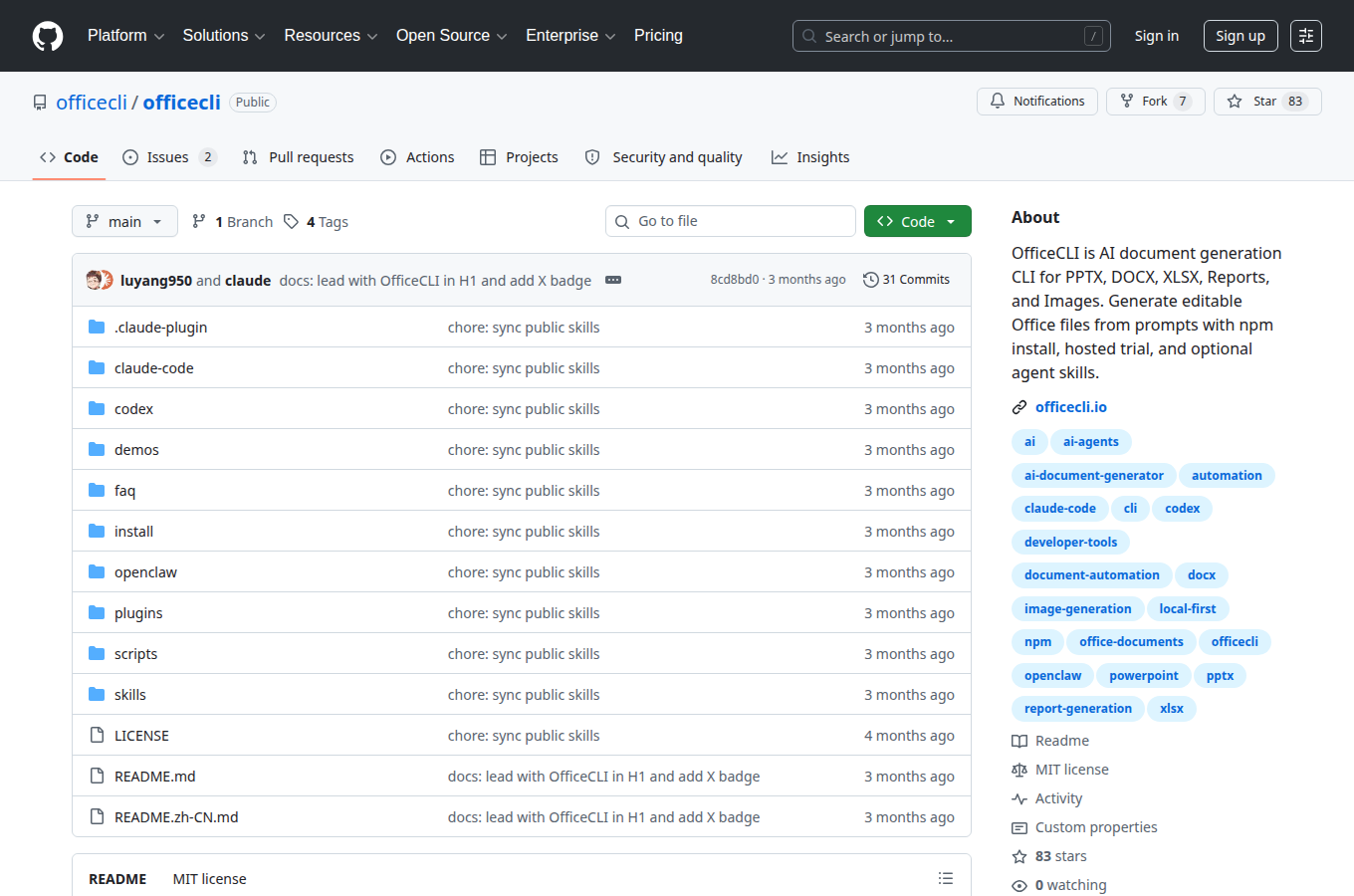 iOfficeAI/OfficeCLI 在 GitHub 的專案首頁。對照本文「進階整合：OfficeCLI 如何與 AI 代理（Claude、VS Code 等）深度協作」一節，可查看 README、目錄結構與倉庫說明，方便跟著正文步驟核對原始碼與文件入口。