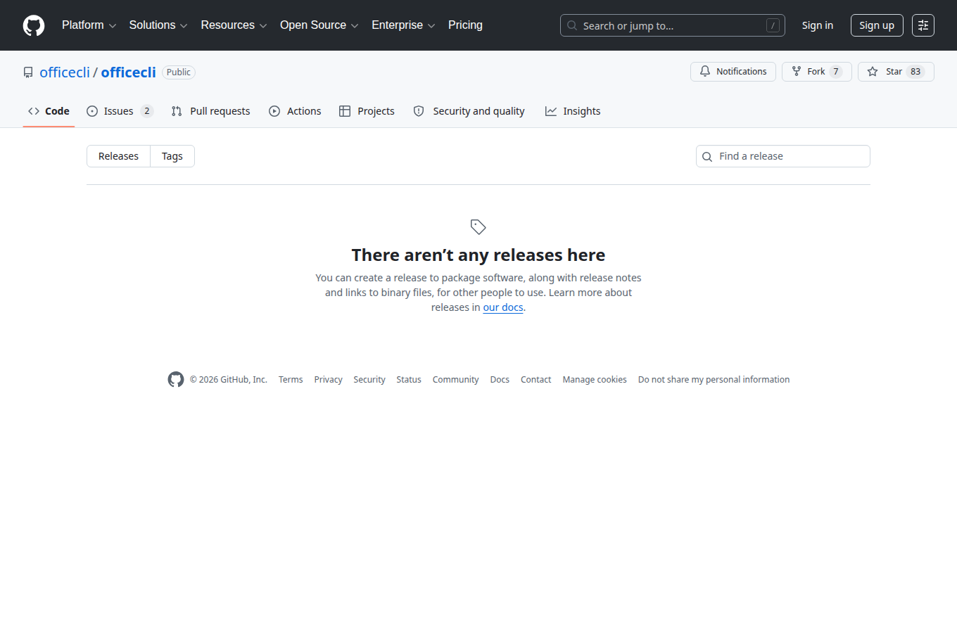 iOfficeAI/OfficeCLI 的 GitHub Releases 分頁，列出正式發行版本與更新說明。閱讀「告別手動週報！用 OfficeCLI 一行指令讓 AI 自動生成含圖表的 Pow」時若要鎖定穩定版號，可先從這頁核對。本圖對應章節「台灣企業場景：中小企業如何用 O
