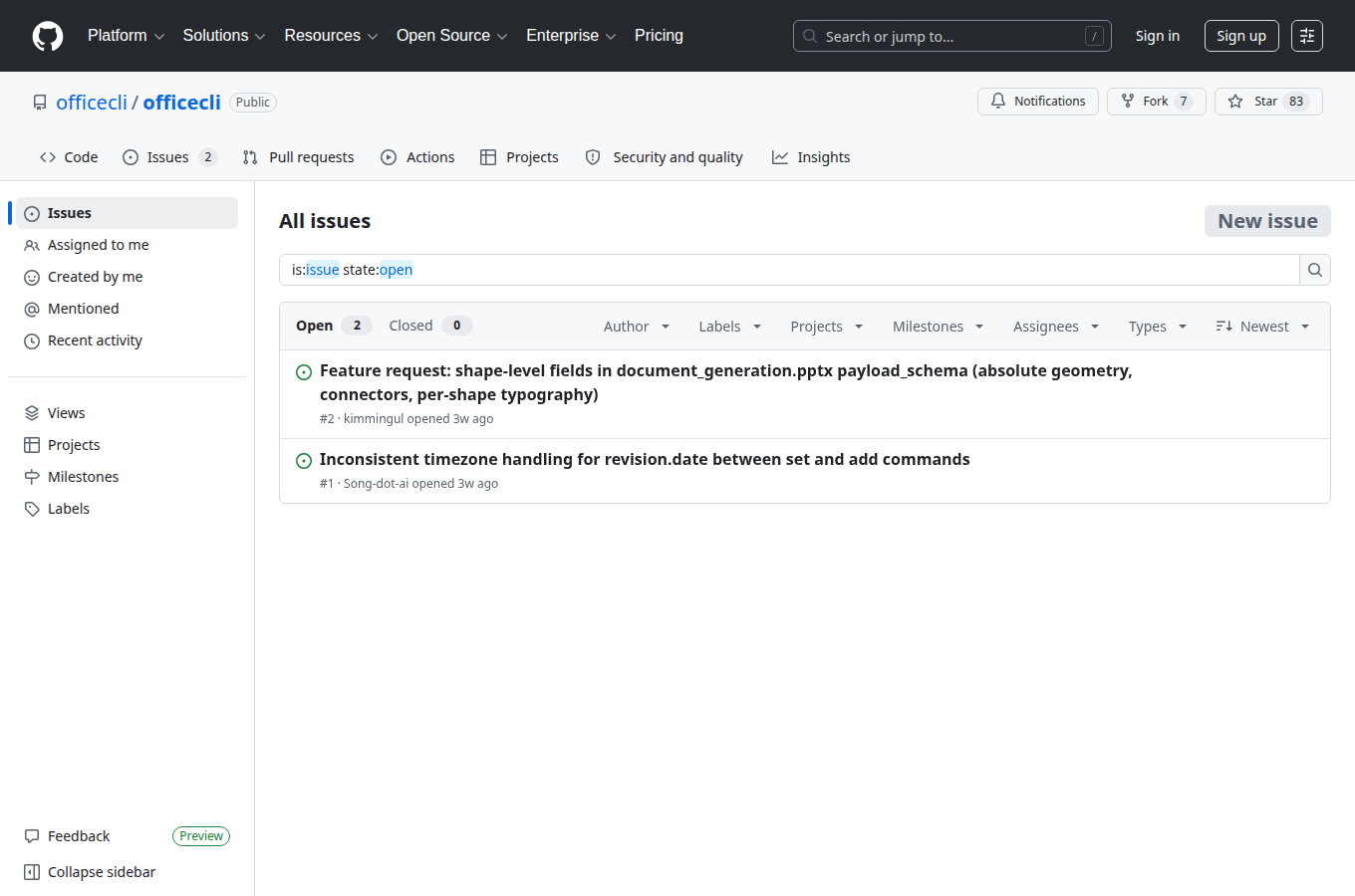 iOfficeAI/OfficeCLI 的 GitHub Issues 分頁，可見使用者回報的問題與討論。想評估專案是否還在維護、常見踩坑有哪些，這頁通常比只看星數更有參考價值。可與文中「替代方案有限公司觀點：OfficeCLI 如何成為 AI 自動化辦公的基礎設施」一節對照閱讀