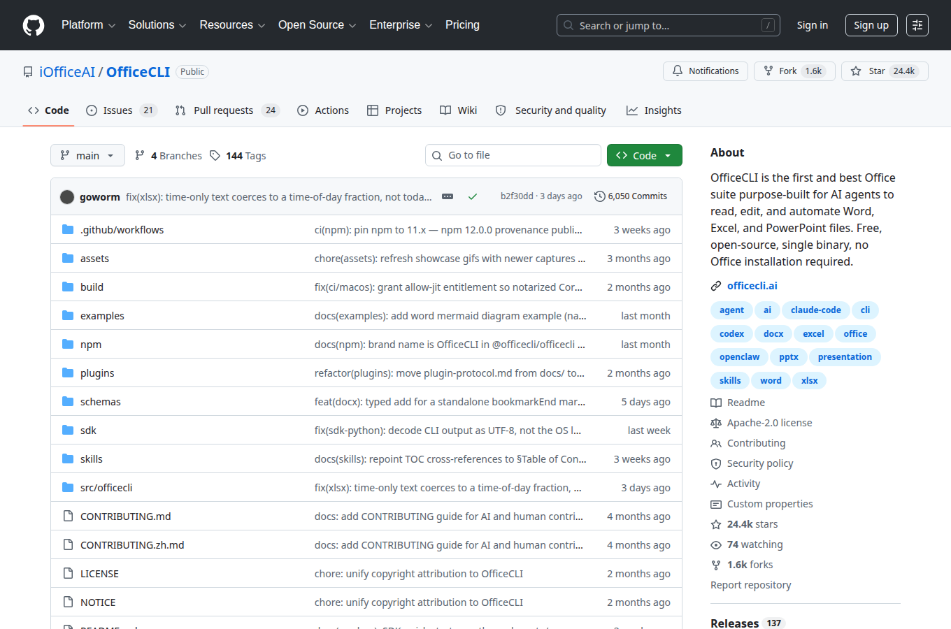 iOfficeAI/OfficeCLI 在 GitHub 的專案首頁。對照本文「為什麼台灣開發者需要 OfficeCLI？， AI 自動化辦公的痛點與解方」一節，可查看 README、目錄結構與倉庫說明，方便跟著正文步驟核對原始碼與文件入口。